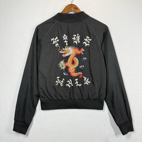 Wrangler Sukajan Bomber Jacket Womens S Black Dragon Japanese Style Embroidered
